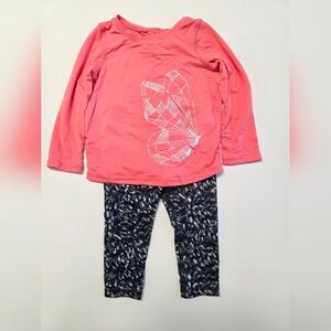 Coral Long Sleeve Top and Black Patterned Leggings Set Active Wear